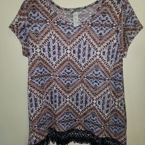 Just Be Geometric Short Sleeve Top with Lace Hem